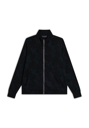 Veste bomber noire avec un motif de feuilles subtil, fermeture éclair, col montant, et poignets et ceinture élastiques. Tissu doux avec une texture lisse.