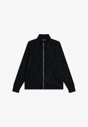 Giacca bomber nera con un sottile motivo a foglia, chiusura a zip, colletto rialzato e polsini ed orlo elastici. Tessuto morbido con una texture liscia.