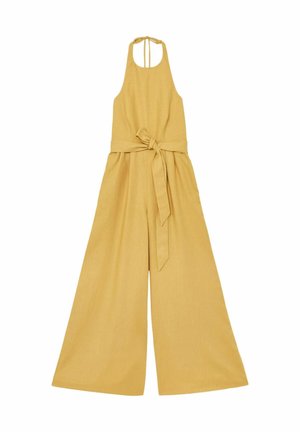 Ärmelloser, senfgelber Jumpsuit mit weitem Bein, Neckholder und gebundenem Taillengürtel, aus leichtem Stoff.
