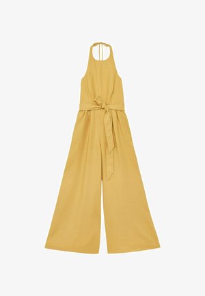Ärmelloser, senfgelber Jumpsuit mit weitem Bein, Neckholder und gebundenem Taillengürtel, aus leichtem Stoff.
