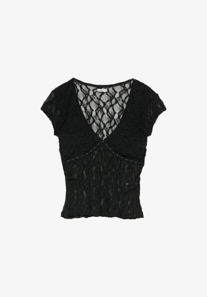 PULL&BEAR, SHORT SLEEVE LACE WITH STUDS - T-SHIRT - Blouse - black