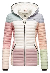 Veste rembourrée dans des couleurs pastel : bleu clair, blanc, rose et vert. Comprend une fermeture éclair à l'avant, une capuche et deux poches latérales avec des bords élastiques.