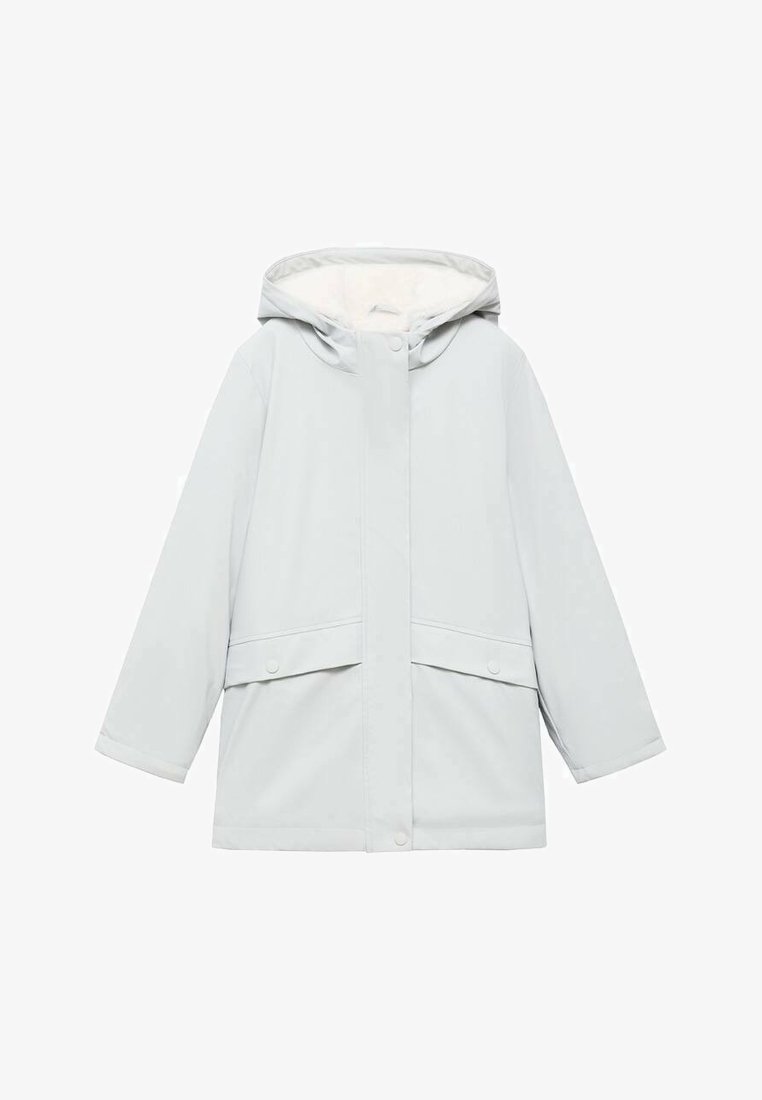 Světle šedá voděodolná bunda s kapucí, vybavená měkkou vnitřní podšívkou, patentkami a volným střihem s širokými rukávy.