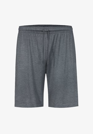 Shorts gris à cordon de serrage en tissu doux. Dotés d'une taille élastique et d'une coupe droite, avec une texture lisse et sans motifs visibles.