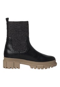 Bottines en cuir noir avec une tige en laine gris foncé, présentant une finition texturée et une semelle en caoutchouc beige épaisse pour une meilleure adhérence.
