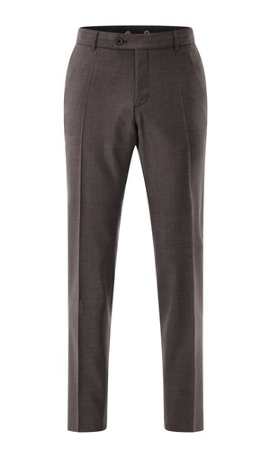 Dark gray tailored trousers with a subtle textured fabric, featuring a slim fit, front pockets, and a single button closure.
