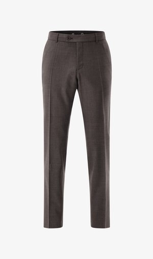 Dark gray tailored trousers with a subtle textured fabric, featuring a slim fit, front pockets, and a single button closure.