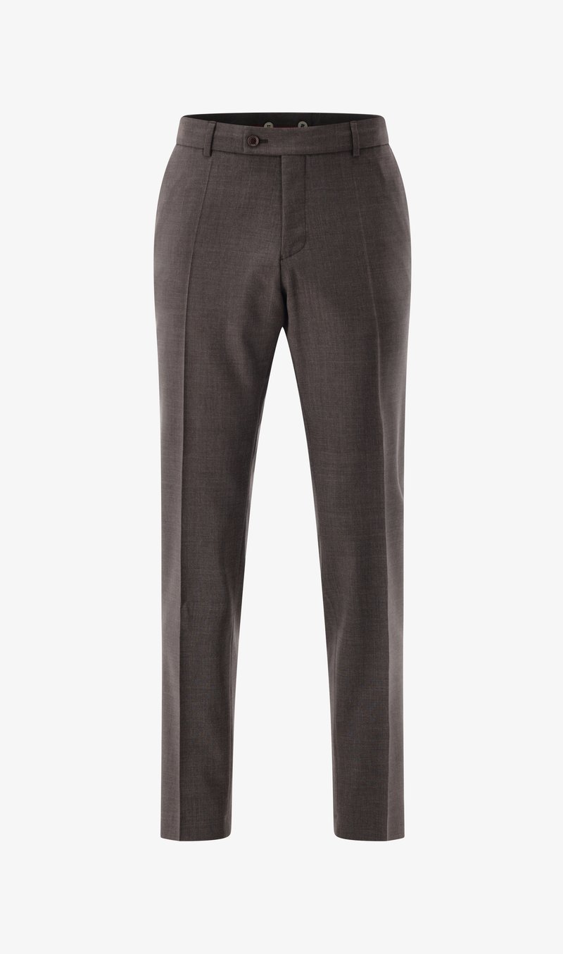 Dark gray tailored trousers with a subtle textured fabric, featuring a slim fit, front pockets, and a single button closure.