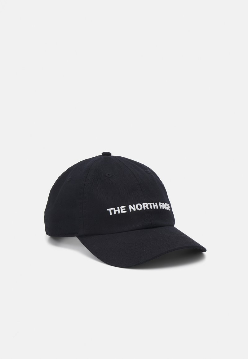 Sort bomulds-baseballkasket med buet skygge og broderet "THE NORTH FACE" logo i hvidt på fronten. Seks-panel design med ventilationshuller.