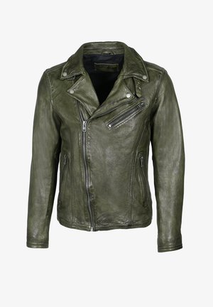 Olivgrüne Leder-Bikerjacke mit asymmetrischem Frontreißverschluss, Reißverschluss-Brust- und Seitentaschen sowie Druckknopfkragen.