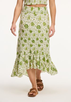 Gonna verde con stampa floreale e orlo arricciato, realizzata in tessuto leggero, presenta una vita arricciata e una silhouette fluida.