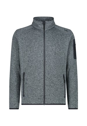 Grå fleecejakke med høj krave, fuld frontlynlås, to sidelommer og en lynlås-lomme på armen. Har kontrasterende mørke kanter.