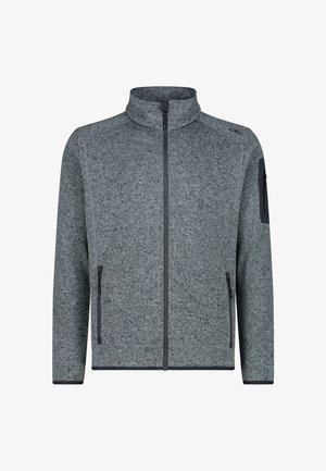 Grå fleecejakke med høj krave, fuld frontlynlås, to sidelommer og en lynlås-lomme på armen. Har kontrasterende mørke kanter.