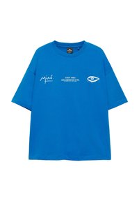 Blaues T-Shirt mit kurzen Ärmeln und weißem Text, der "Miró," "Joan Miró" und eine stilisierte weiße Augen-Grafik auf der Vorderseite in der Mitte zeigt.