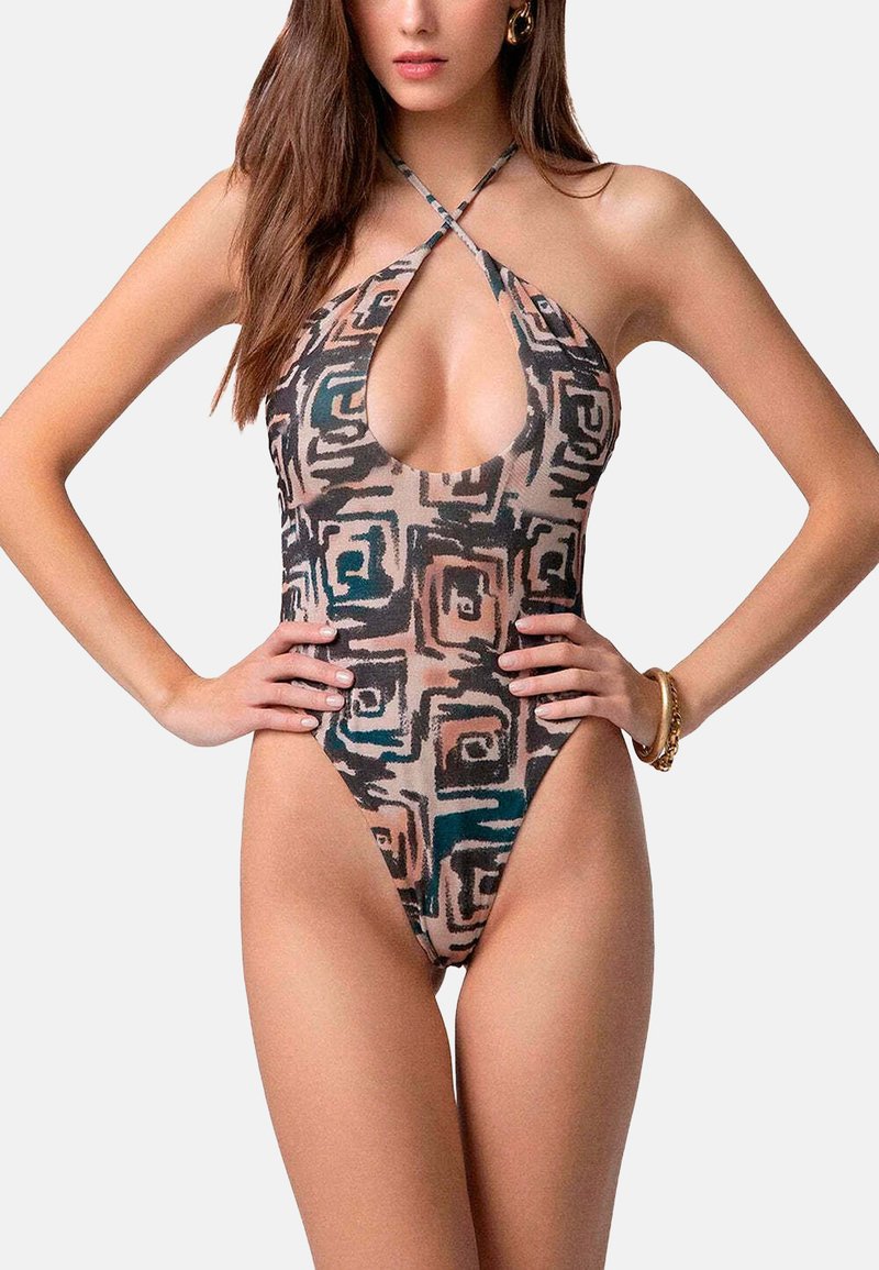 Costume intero con scollo a V profondo, spalline incrociate e un motivo astratto nei toni terrosi di marrone, teal e crema.