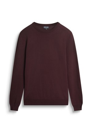 Maglione bordeaux a girocollo realizzato in tessuto morbido, con maniche lunghe, polsini e orlo a coste, e un design minimalista senza motivi.