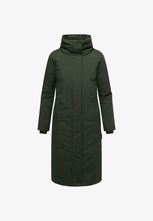 Lang mørkegrønn polstret vinterjakke med høy krage, lange ermer og frontlukking med trykknapp og glidelås.