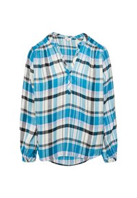 Karierte Bluse in Blau, Weiß und Schwarz mit langen Ärmeln, V-Ausschnitt und gerafften Details an den Schultern. Weicher Stoff mit einer lockeren Passform.