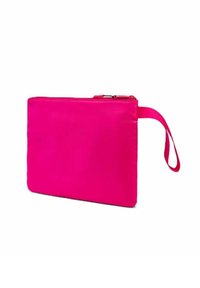 Clutch a zip con zip fucsia con forma rettangolare piatta e tracolla staccabile. Realizzato in tessuto liscio e resistente, senza motivi visibili.