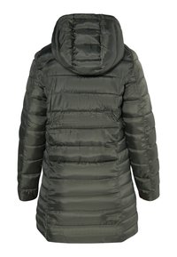 Zelená puffa bunda s kapucí, se širšími prošívanými vzory a hladkým, lesklým povrchem. Střední délky s bočními kapsami.