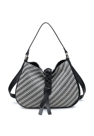 Sac hobo tissé noir et blanc avec détail en cuir tressé et deux bandoulières en cuir noir, présenté sur fond blanc.