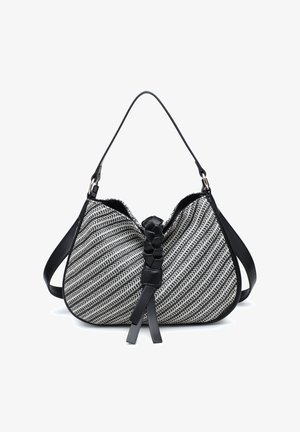 Black and white woven hobo bag with braided leather detail and two black leather straps, displayed against a white background.