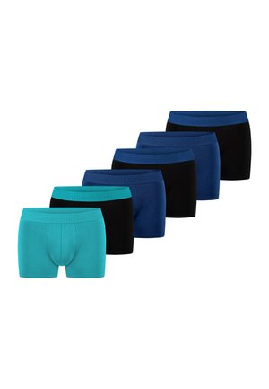 Seven men's boxer briefs in a diagonal row, alternating black, blue, and turquoise colors with matching elastic waistbands.