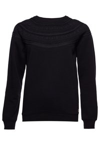 Sudadera negra con un diseño de yugo texturizado, mangas largas, cuello redondo y puños y dobladillo acanalados. Tela suave y lisa, con un mínimo de detalles.