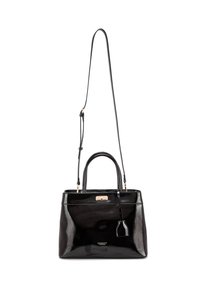 Borsa a mano in pelle nera con finitura lucida, doppi manici superiori, tracolla removibile, hardware in tonalità oro e dettaglio di piccola etichetta.