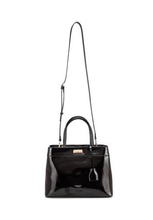 Borsa a mano in pelle nera con finitura lucida, doppi manici superiori, tracolla removibile, hardware in tonalità oro e dettaglio di piccola etichetta.