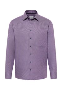 Langarmhemd in Lila mit feinem Streifenmuster. Verfügt über einen Button-Down-Kragen, eine Brusttasche und dunkelblaue Knöpfe.