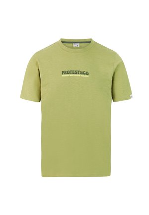 Green cotton t-shirt with short sleeves, round neckline, and "PROTEST&CO" printed in dark green. Soft texture, casual design.