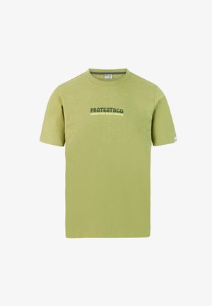 Green cotton t-shirt with short sleeves, round neckline, and "PROTEST&CO" printed in dark green. Soft texture, casual design.