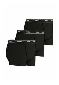Boxers noirs en coton avec une large ceinture noire ornée du texte blanc "ATHENA" et de points décoratifs. Trois pièces exposées.