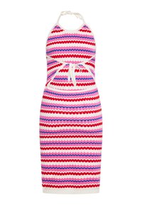Rochie halter multicolor, cu dungi ondulate în roșu, roz și albastru. Fabricată dintr-un material ribbed, cu o croială de lungime medie și un cordon la brâu.