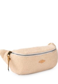 Beige fleecetaske med lynlåslukning. Har et diskret logo, struktureret overflade, afrundet form og detaljer i læder på stroppen og trækstangen.