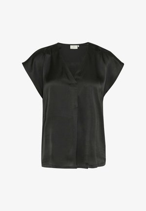 Black short-sleeve blouse with a V-neck design, made from smooth, lightweight fabric. Features a relaxed fit and subtle sheen.