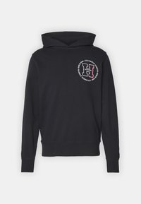 Námořnický modrý svetr s kapucí vyrobený z bavlny, s přední kapsou, stahovací kapucí a kruhovým logem s textem na hrudi.