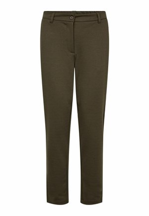 Schlank geschnittene olivgrüne Hose mit geradem Bein, Gürtelschlaufen, Knopfverschluss und Reißverschluss, flach liegend ohne weitere Stylingdetails gezeigt.