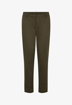 Bukser med lige ben i olivengrøn med bæltestropper, knaplukning og lynlås, vist fladt uden yderligere styling.