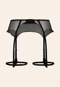 Zwarte doorschijnende kanten jarretelgordel met scalloped randen, verstelbare bandjes, goudkleurige hardware en een centrale haak-en-oogsluiting.