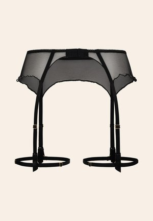 Zwarte doorschijnende kanten jarretelgordel met scalloped randen, verstelbare bandjes, goudkleurige hardware en een centrale haak-en-oogsluiting.