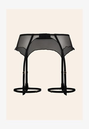 Zwarte doorschijnende kanten jarretelgordel met scalloped randen, verstelbare bandjes, goudkleurige hardware en een centrale haak-en-oogsluiting.