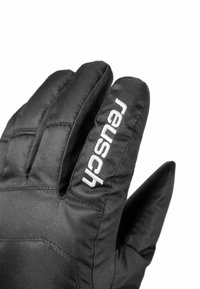 Schwarzer isolierter Handschuh aus Nylon mit genähten Akzenten, der ein weißes "Reusch"-Logo auf der Außenseite und ein gepolstertes Design für Wärme aufweist.