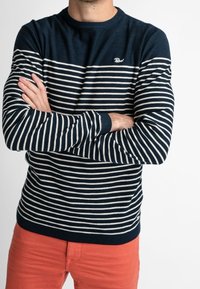 Pull rayé bleu marine et crème avec un col rond, des poignets côtelés et un petit logo sur la poitrine. Porté avec un pantalon corail.