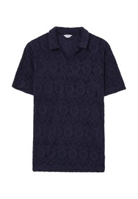 Polo shirt navy a maniche corte in tessuto strutturato, con colletto e un motivo sottile di forme a diamante su tutto il materiale.