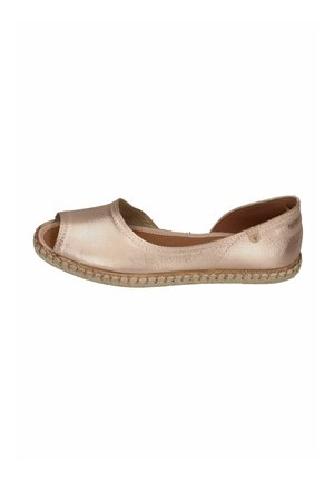 Light pink metallic leather open-toe espadrille flat with woven jute sole and low back heel.