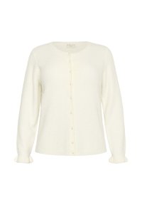 Cardigan alb cu mâneci lungi, guler rotund, nasturi asemănători cu perlele pe toată lungimea din față și manșete ușor volănuțe.