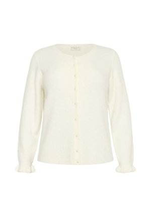 Witte langemouwen cardigan met ronde halslijn, parelachtige knopen aan de voorkant en lichtgerimpelde mouwen.