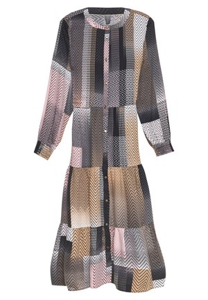 Lang skjortekjole med lange ærmer med lodret patchwork i pink, beige, sort og grå med zigzag- og hundetandsmønstre.